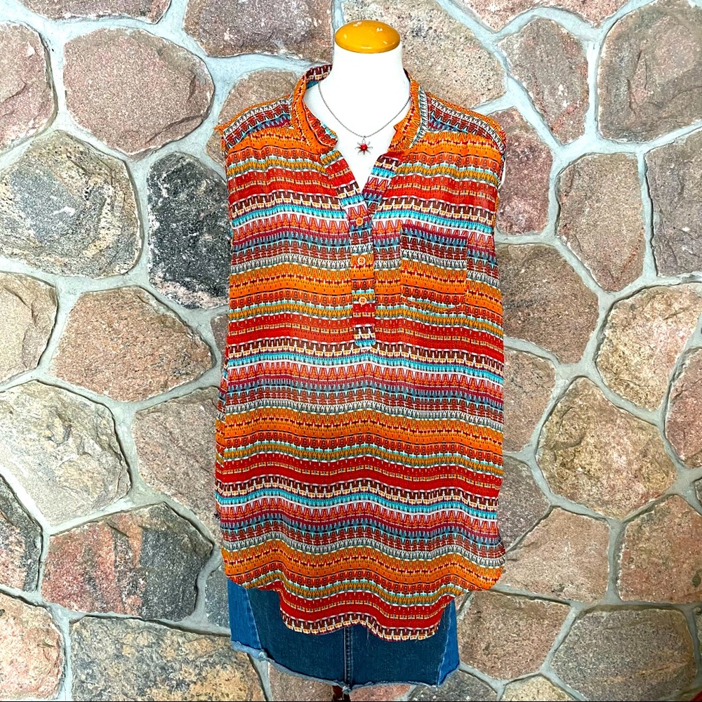 Colourful Boho sleeveless plus size blouse.